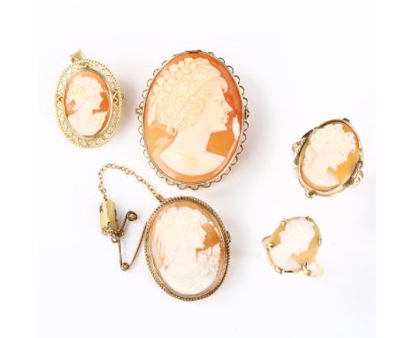 Various 9ct gold shell cameo jewellery, comprising 3 x brooches and 2 x rings, ring sizes K and L, 24.3g total (5) 