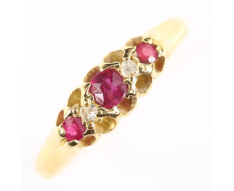 An early 20th century 18ct gold five stone ruby and diamond half hoop ring, hallmarks Birmingham 1900, setting height 5.1mm, 