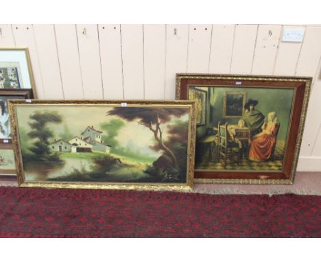 A continental oil on canvas plus a Dutch scene interior print