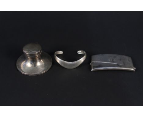 Mixed silver items consisting of a Capstan inkwell, a card case and a stylised bangle