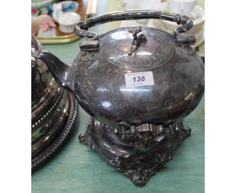 A Victorian silver plated spirited spirit kettle with foliate engraving and greyhound finial