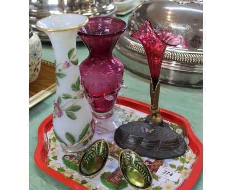 A Victorian cranberry glass epergne on metal stand with enamel butterfly decoration, cranberry and French pate de verre leaf 