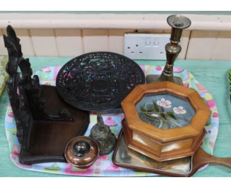 A Victorian pierced iron plate, carved mahogany wall bracket plus other items