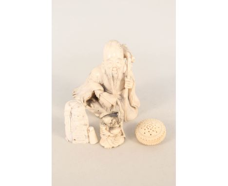 A Chinese bone figure of a seated man with deer, a bone netsuke plus two other vintage ivory items