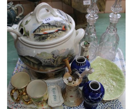 A Portmeirion Compleat Angler fish tureen and ladle, cut glass decanters plus other china including hatpins