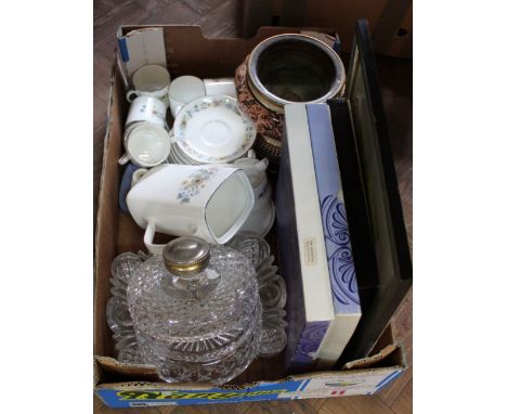 A pottery oil lamp base, Wedgwood plates, china, glass and sundries plus kitchen scales (two boxes)