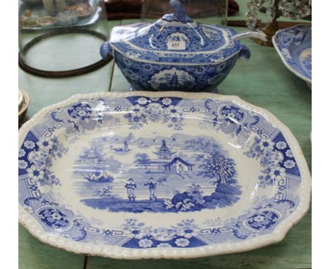 A 19th Century blue and white well and tree meat plate plus a tureen and ladle (two pieces as found)