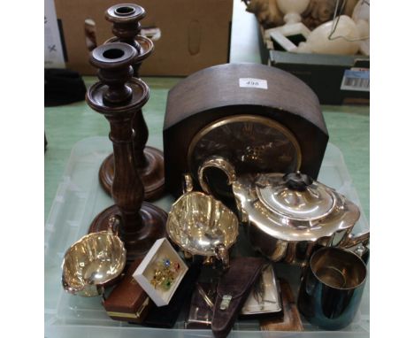 A silver plated three piece tea set, an oak mantel clock, candlesticks, sewing items etc