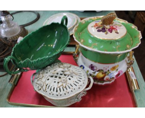 A Victorian Wedgwood green leaf comport, Coalport floral lidded jar with butterfly finial plus a pot pourri (two pieces as fo