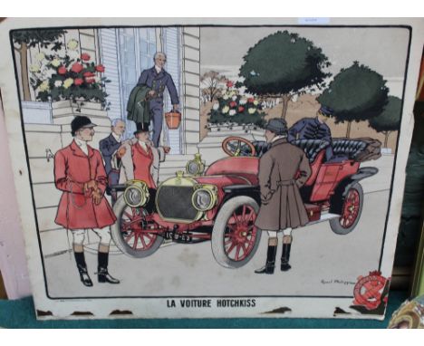 An unframed French print, La Voiture Hotchkiss, 18" x 21"
