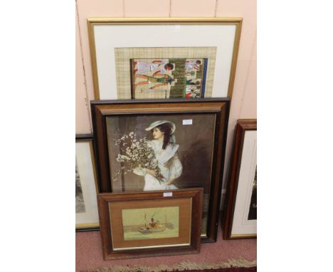 C.Hodd oil on board of a trawler, a print Spring after Sir John Lavery plus an Egyptian papyrus painting