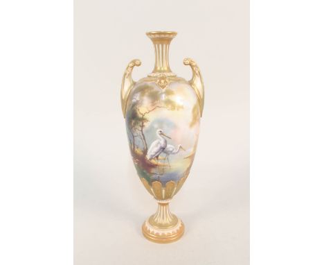 A Royal Worcester narrow neck two handled vase painted with storks in landscape, signed W.Powell, height 12"