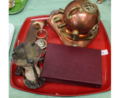 A silver plated timer, miniature divers helmet plus other items