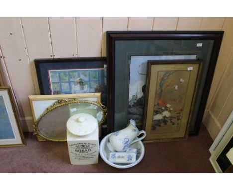 A Victorian Asiatic pheasant tureen, boxed Royal Worcester, a blue and white floral toilet set, a pottery bread crock plus ot