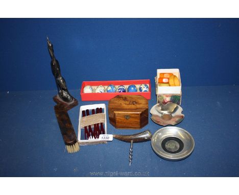 Miscellaneous items including olive wood box, horn model of birds, corkscrew, bakelite napkin ring, etc.