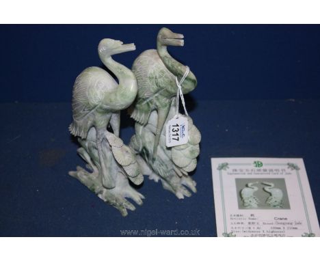 A pair of Chongyang Jade Cranes 100mm x 210mm, one a/f.