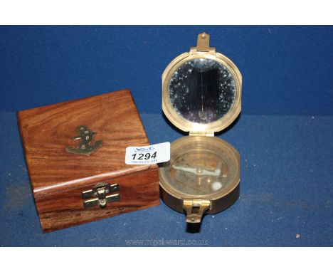 Stanley of London- Brass Natural Sine Compass in original teak box with inlaid brass anchor.