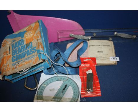 A quantity of miscellanea including yachting hand held compass, small rudder, route plotting instrument etc.