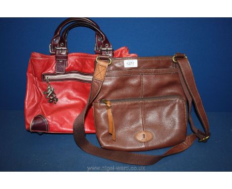 A brown leather fossil shoulder Bag and a Pringle red handbag.