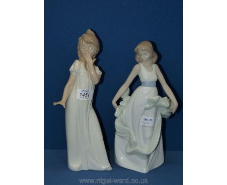 A Lladro Nao figurine of girl yawning Goodnight along with a Nao figure of a lady in flowing dress.