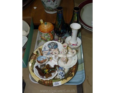 A tray of miscellaneous china including Royal Worcester trinkets, vase, small cottage teapot, small candle holder, bird whist