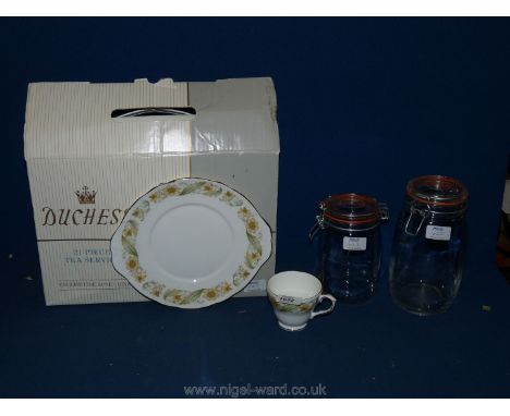 A Duchess 21 piece tea service, bone china 'Green Sleeves' pattern, 1990's; plus two Kilner jars.