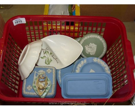A small quantity of Wedgwood Jasperware (blue and green), a Carltonware dish, two mice in a boat ornament and a Swinnertons p