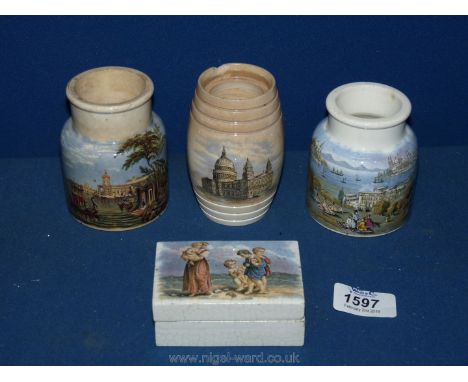 Three Prattware pots depicting oriental scenes, one a/f and a oblong Prattware pot and lid depicting a mother and children co