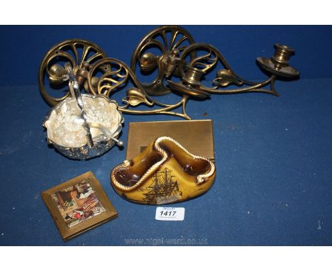 A Gwenda Welsh lady cigarette case and mirror, a Tallent cigarette case, pipe holder in the design of a ship, two brass wall 
