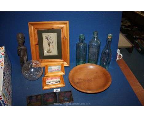 A quantity of miscellanea including treen bowl and figurine, framed tiles, old bottles and magic lantern slides.