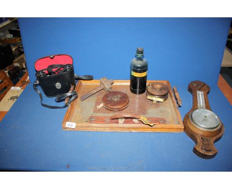 A wooden tray (a/f), wooden barometer/thermometer, leather cased tape measure, wooden fishing reel, cased pair of Oniya binoc
