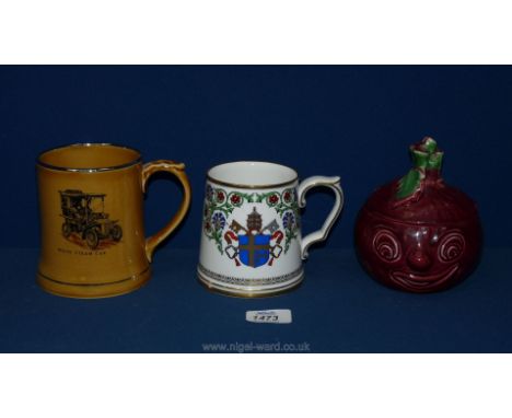 A Spode souvenir tankard of Papal visit 1982, Wade Veteran car tankard and a beetroot jar.