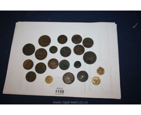 Miscellaneous old Georgian Coins including 1791 halfpenny, 1891 Russian coin, Prince of Wales model half Sovereign, 1869 etc.