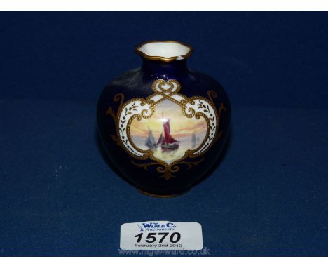 A Royal Crown Derby miniature Vase with boat scene panel, small chip to rim.