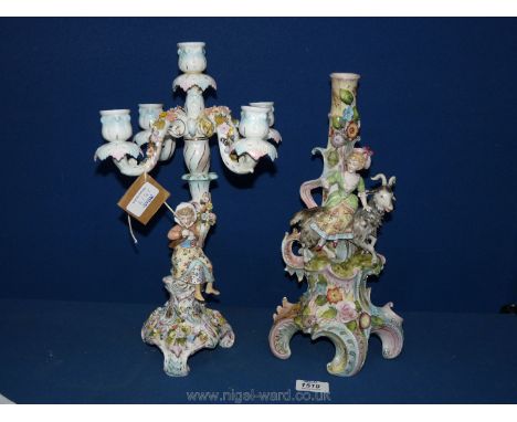 A Dresden porcelain Candle stick with a girl sat on a goat (a/f), and a Dresden four branch candelabra (a/f). 