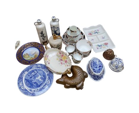 Edwardian teaware, 4 jelly moulds, 2 Delft flagons, H29cm, and another, Poole hors d'oeuvres dish, Spode cake stand, and a Co