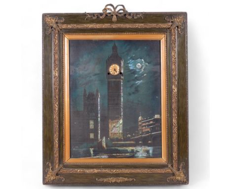 An early 20th century picture clock, scene set over the River Thames, depicting a moonlit sky with silhouettes of Big Ben and