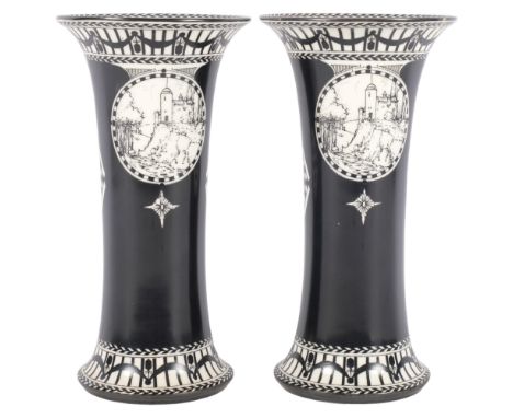 A pair of Royal Worcester vases,  G923, with designs of castles, 1 cracked, 18.9cm 