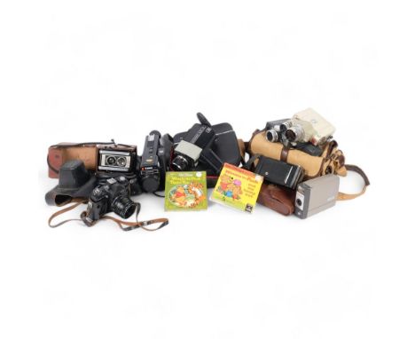 A quantity of Vintage cameras and equipment, including various handheld cine-cameras, including an Agfa Movex SV Automatic, a