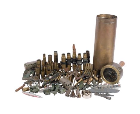 A 1969 brass shell case, 32cm, a handheld gimballed brass compass with turned wood handle, various brass shell cases, diecast