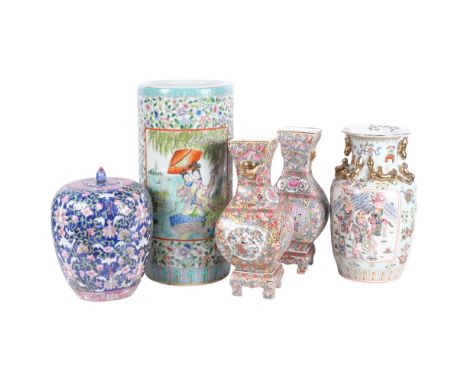 Various Chinese ceramics, including cylinder stick stand, pair of vases, jar and cover, etc, largest 47cm (5) 