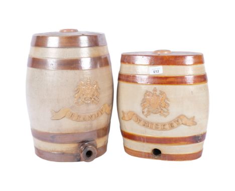 Antique stoneware Brandy flagon with coat of arms, H38cm, and a similar Whiskey flagon with embossed coat of arms 