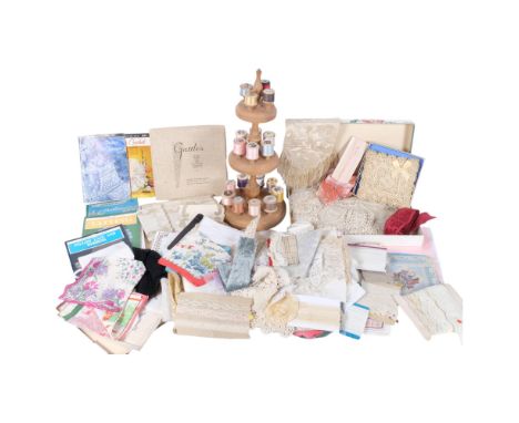 A Vintage wooden spool holder, with various unused and part-used cotton threads, and a selection of various Vintage linens, t