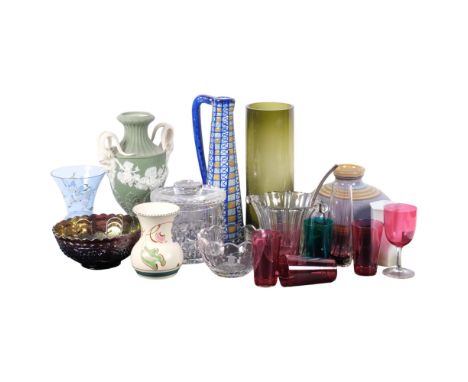 A quantity of Vintage glassware, including a small Carnival glass style table centre, a large green Art glass cylindrical vas