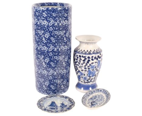 2 Delft blue and white wall plaques, Oriental vase, and stick stand with prunus decoration, H44.5cm 