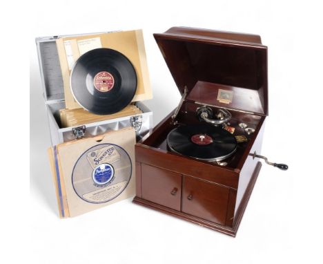 "HIS MASTER'S VOICE" - an HMV gramophone, model no. 4, and a large quantity of 78rpm records, and several Vintage needle boxe