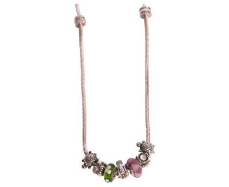 PANDORA - a sterling silver snake link charm necklace, with 7 charms and 2 spacer charms, 41cm, 54.4gNo damage or repair, fit