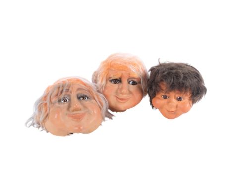 Curiosity/Macabre : A group of three similar vintage French composite, hand painted, satirically modelled puppet heads with g