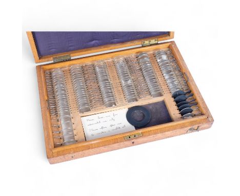 A First World War Period British Military Army Spectacle Depot eye testing kit, rectangular oak case with stamped lettering, 