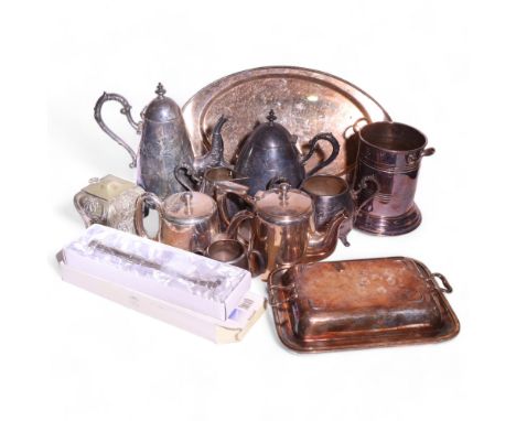 Various silver plate, including 4-piece tea set, tea caddy, tray, etc 